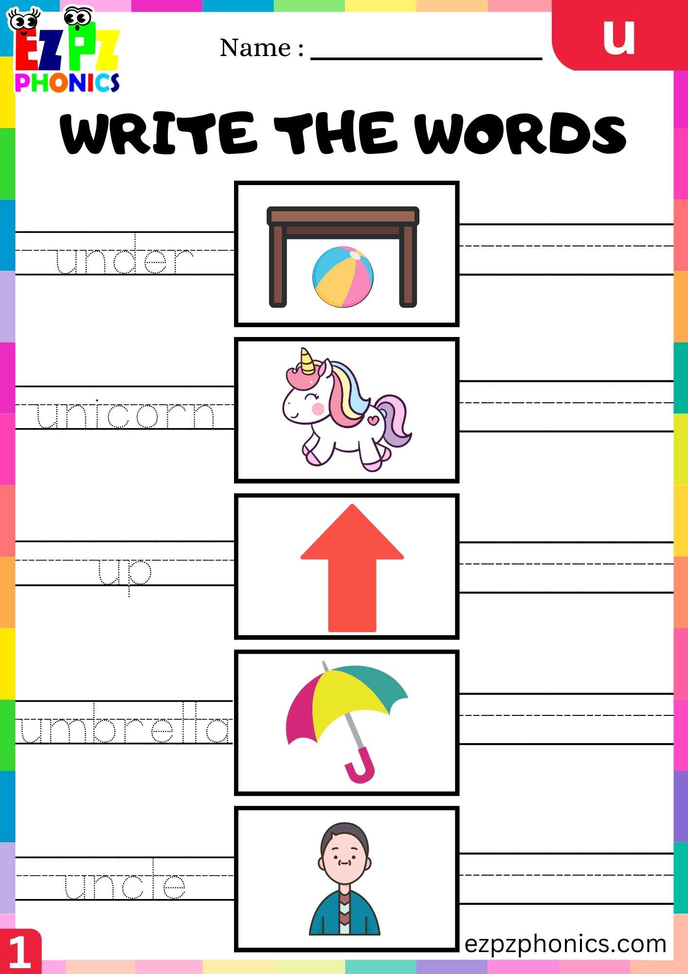 Letter U Write The Words Beginning Sounds Worksheet